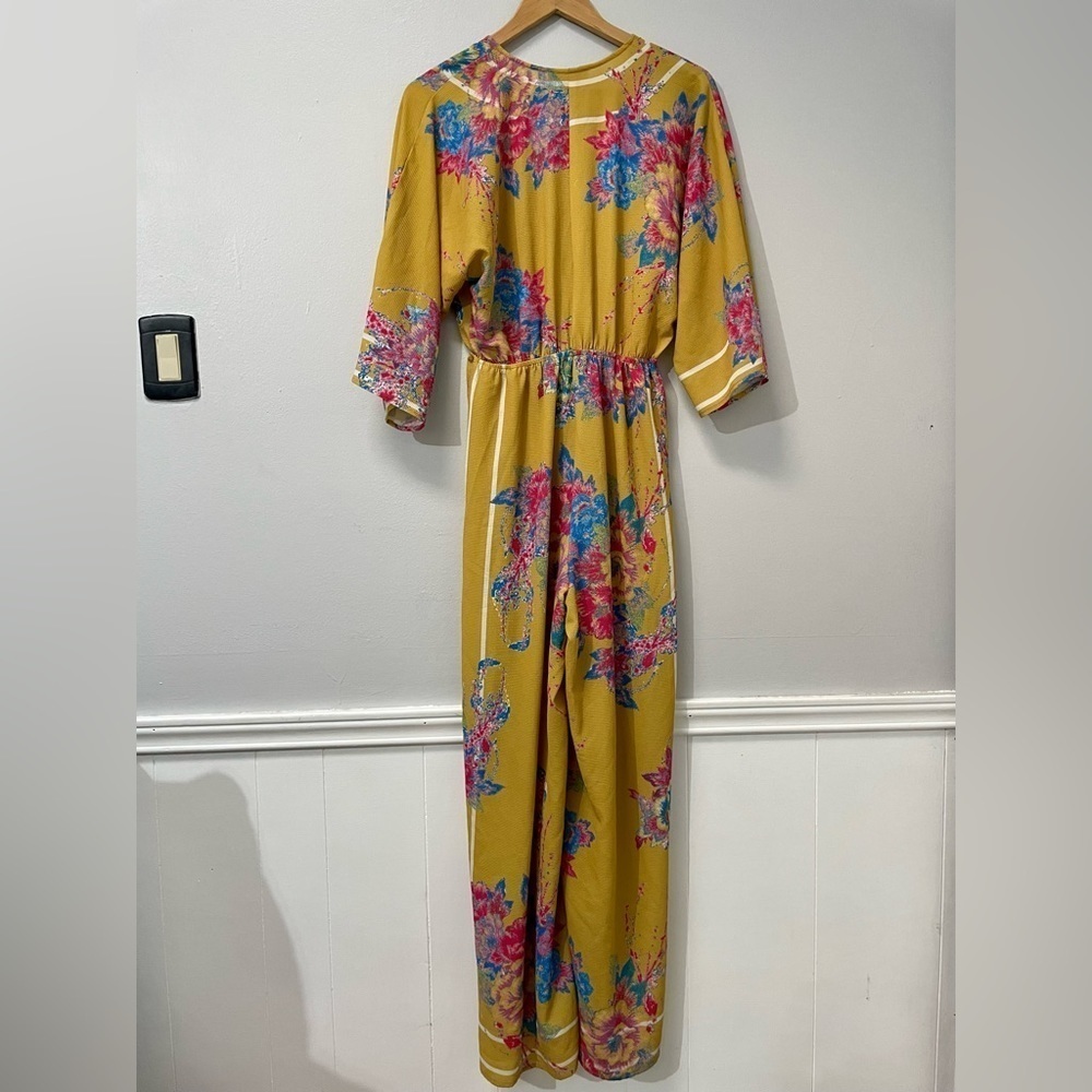 Flying Tomato Mustard Yellow Floral Maxi Romper Jumpsuit Wide Leg Kimono Sleeves - Picture 6 of 8